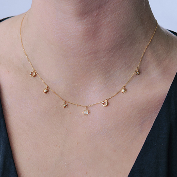 D0.08CT✨スタージュエリー❗️k18YGMOON & SUNダイヤネックレス POWER ON THE MOON NECKLACE(2ZN2427)K18 ネックレス｜スター