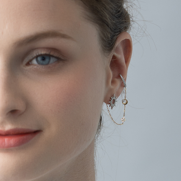 DIAMOND SUNBURST PIERCED EARRING & EAR CUFF(片耳用)(1XP0406