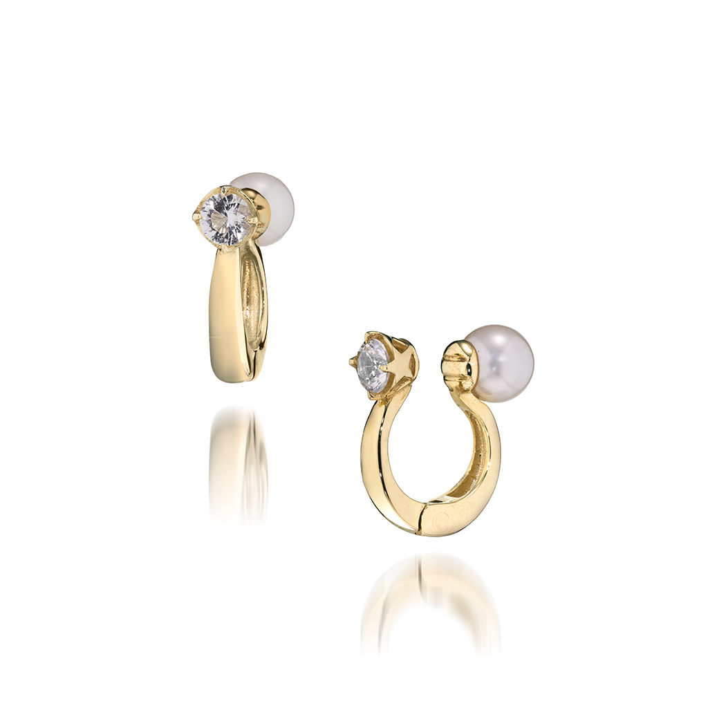 WHITE TOPAZ & PEARL CLIP EARRINGS(2JE0207)K10 イヤリング｜スター